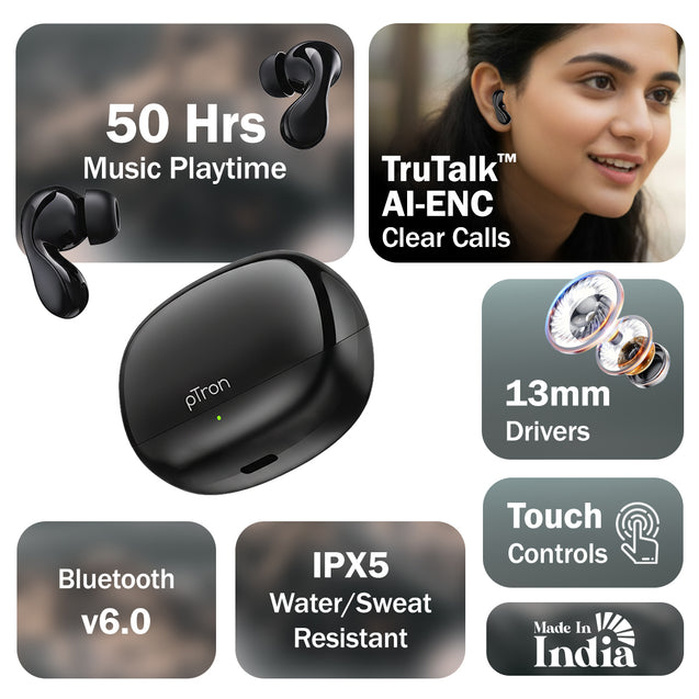 pTron Bassbuds Tango in-Ear TWS Ear Buds w/Custom EQ, 50hrs Playtime, Pristine Sound, Dual Mic, TruTalk ENC Calls, Mobile App, Wireless Bluetooth V6.0,Touch Controls, Type-C Charging, IPX5 (Space Black)