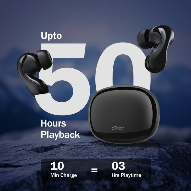 pTron Bassbuds Tango in-Ear TWS Ear Buds w/Custom EQ, 50hrs Playtime, Pristine Sound, Dual Mic, TruTalk ENC Calls, Mobile App, Wireless Bluetooth V6.0,Touch Controls, Type-C Charging, IPX5 (Space Black)