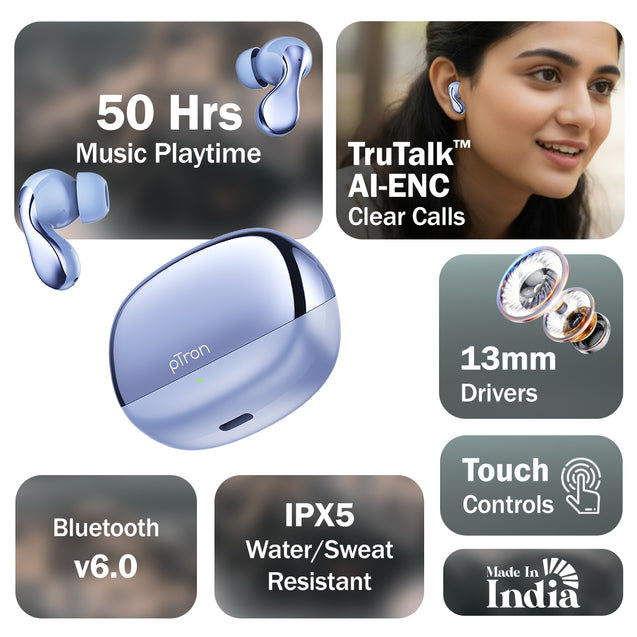 pTron Bassbuds Tango in-Ear TWS Ear Buds w/Custom EQ, 50hrs Playtime, Pristine Sound, Dual Mic, TruTalk ENC Calls, Mobile App, Wireless Bluetooth V6.0, Touch Controls, Type-C Charging, IPX5 (Light Blue)