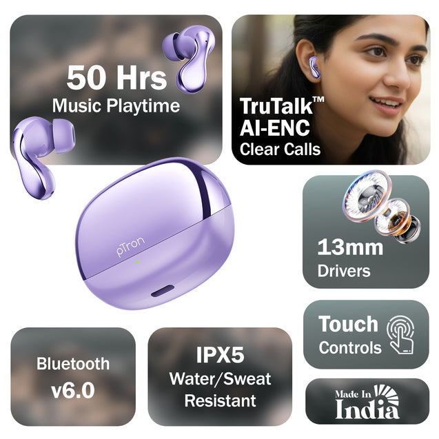 pTron Bassbuds Tango in-Ear TWS Ear Buds w/Custom EQ, 50hrs Playtime, Pristine Sound, Dual Mic, TruTalk ENC Calls, Mobile App, Wireless Bluetooth V6.0, Touch Controls, Type-C Charging, IPX5 (Lilac)