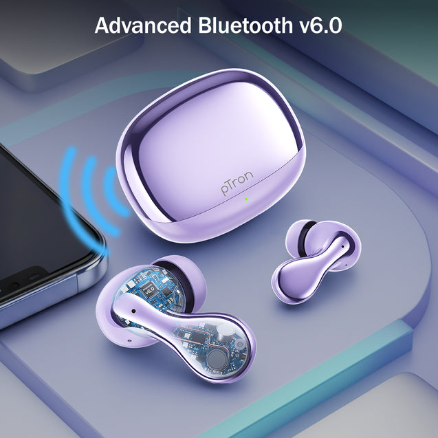 pTron Bassbuds Tango in-Ear TWS Ear Buds w/Custom EQ, 50hrs Playtime, Pristine Sound, Dual Mic, TruTalk ENC Calls, Mobile App, Wireless Bluetooth V6.0, Touch Controls, Type-C Charging, IPX5 (Lilac)