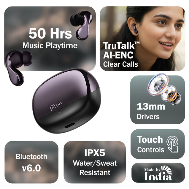 pTron Bassbuds Tango in-Ear TWS Ear Buds w/Custom EQ, 50hrs Playtime, Pristine Sound, Dual Mic, TruTalk ENC Calls, Mobile App, Wireless Bluetooth V6.0,Touch Controls, Type-C Charging, IPX5 (Nexua Black)