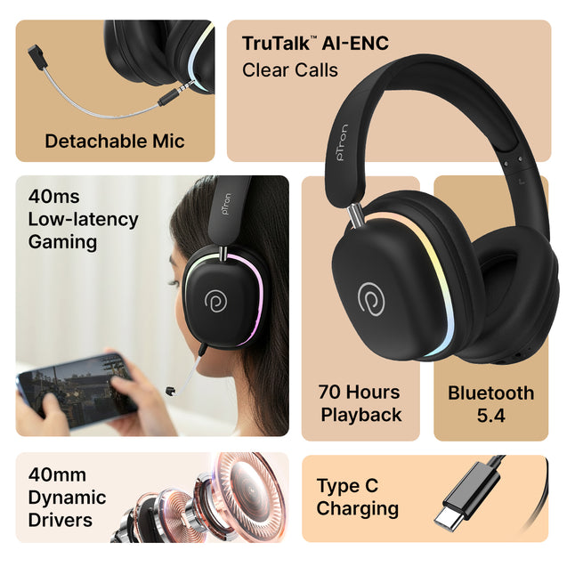 pTron Studio Xtreme, 70hrs Playtime, 40ms Low-Latency, Wireless Over Ear Headphones w/Detachable Mic & TruTalk ENC Calls, 40mm Drivers, RGB Lights, BT5.4, Dual Device Pairing & Type-C Charging (Black)