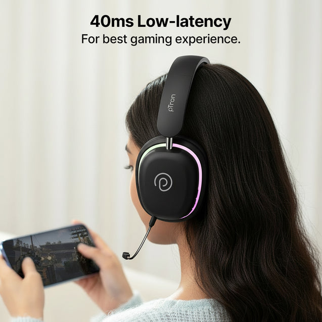 pTron Studio Xtreme, 70hrs Playtime, 40ms Low-Latency, Wireless Over Ear Headphones w/Detachable Mic & TruTalk ENC Calls, 40mm Drivers, RGB Lights, BT5.4, Dual Device Pairing & Type-C Charging (Black)