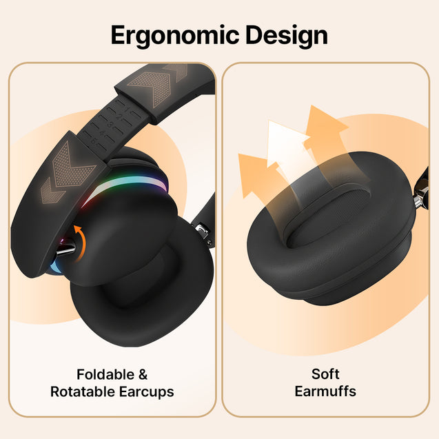 pTron Studio Xtreme, 70hrs Playtime, 40ms Low-Latency, Wireless Over Ear Headphones w/Detachable Mic & TruTalk ENC Calls, 40mm Drivers, RGB Lights, BT5.4, Dual Device Pairing & Type-C Charging (Black)