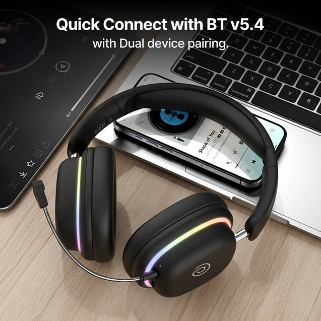 pTron Studio Xtreme, 70hrs Playtime, 40ms Low-Latency, Wireless Over Ear Headphones w/Detachable Mic & TruTalk ENC Calls, 40mm Drivers, RGB Lights, BT5.4, Dual Device Pairing & Type-C Charging (Black)