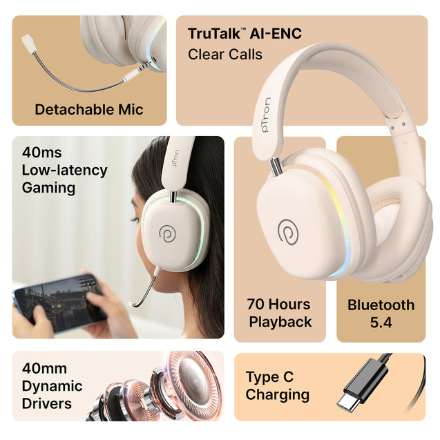 pTron Studio Xtreme, 70hrs Playtime, 40ms Low-Latency, Wireless Over Ear Headphones w/Detachable Mic & TruTalk ENC Calls, 40mm Drivers, RGB Lights, BT5.4, Dual Device Pairing & Type-C Charging (Beige)