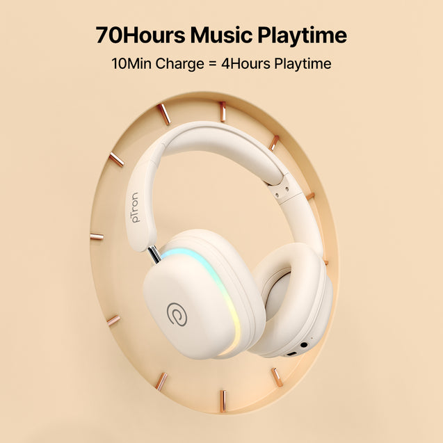 pTron Studio Xtreme, 70hrs Playtime, 40ms Low-Latency, Wireless Over Ear Headphones w/Detachable Mic & TruTalk ENC Calls, 40mm Drivers, RGB Lights, BT5.4, Dual Device Pairing & Type-C Charging (Beige)