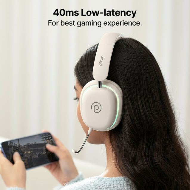 pTron Studio Xtreme, 70hrs Playtime, 40ms Low-Latency, Wireless Over Ear Headphones w/Detachable Mic & TruTalk ENC Calls, 40mm Drivers, RGB Lights, BT5.4, Dual Device Pairing & Type-C Charging (Beige)