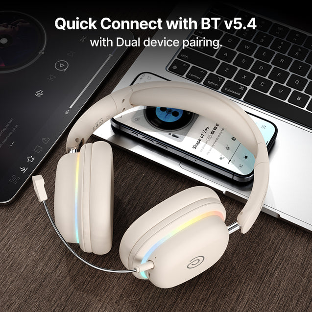 pTron Studio Xtreme, 70hrs Playtime, 40ms Low-Latency, Wireless Over Ear Headphones w/Detachable Mic & TruTalk ENC Calls, 40mm Drivers, RGB Lights, BT5.4, Dual Device Pairing & Type-C Charging (Beige)