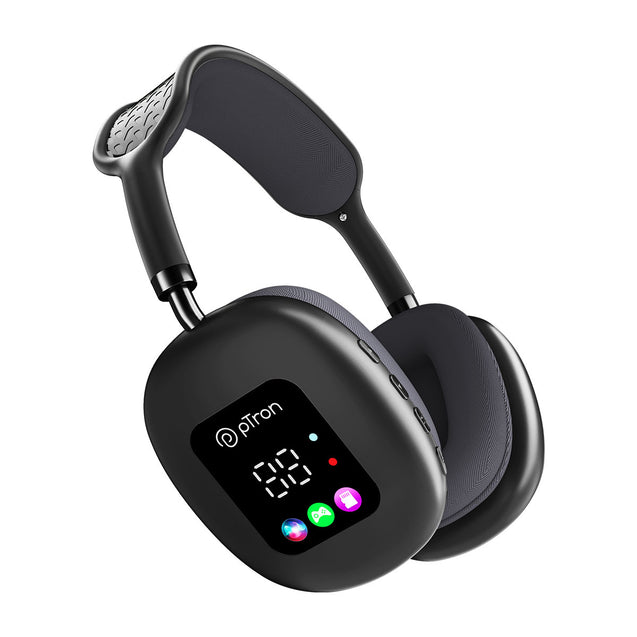 pTron Studio Pixel, 70hrs Playtime, Wireless Over Ear Headphones w/HD Mic, TruTalk AI-ENC Calls, 40mm Drivers, Pristine Sound, RGB Display, BT5.3, Dual Device Pairing & Type-C Charging (Jet Black)