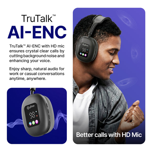 pTron Studio Pixel, 70hrs Playtime, Wireless Over Ear Headphones w/HD Mic, TruTalk AI-ENC Calls, 40mm Drivers, Pristine Sound, RGB Display, BT5.3, Dual Device Pairing & Type-C Charging (Jet Black)