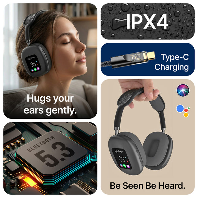 pTron Studio Pixel, 70hrs Playtime, Wireless Over Ear Headphones w/HD Mic, TruTalk AI-ENC Calls, 40mm Drivers, Pristine Sound, RGB Display, BT5.3, Dual Device Pairing & Type-C Charging (Jet Black)