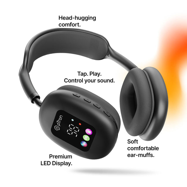 pTron Studio Pixel, 70hrs Playtime, Wireless Over Ear Headphones w/HD Mic, TruTalk AI-ENC Calls, 40mm Drivers, Pristine Sound, RGB Display, BT5.3, Dual Device Pairing & Type-C Charging (Jet Black)