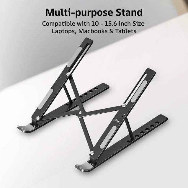 pTron DeskMate M1 15.6" Laptop Stand, 7 Adjustable Height, Metal Alloy, Foldable, Portable Tabletop Laptop/Desktop Riser Stand Holder Compatible for MacBook, HP, Dell, Lenovo & All Other Notebook (Black)