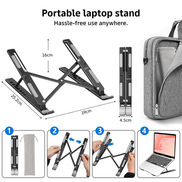pTron DeskMate M1 15.6" Laptop Stand, 7 Adjustable Height, Metal Alloy, Foldable, Portable Tabletop Laptop/Desktop Riser Stand Holder Compatible for MacBook, HP, Dell, Lenovo & All Other Notebook (Black)