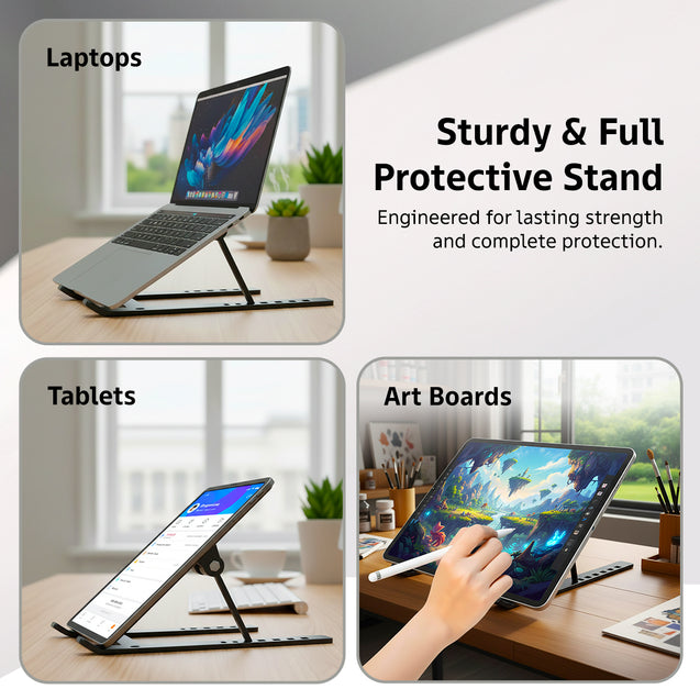 pTron DeskMate M1 15.6" Laptop Stand, 7 Adjustable Height, Metal Alloy, Foldable, Portable Tabletop Laptop/Desktop Riser Stand Holder Compatible for MacBook, HP, Dell, Lenovo & All Other Notebook (Black)