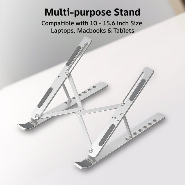pTron DeskMate M1 15.6" Laptop Stand, 7 Adjustable Height, Metal Alloy, Foldable, Portable Tabletop Laptop/Desktop Riser Stand Holder Compatible for MacBook, HP, Dell, Lenovo & All Other Notebook (Silver)