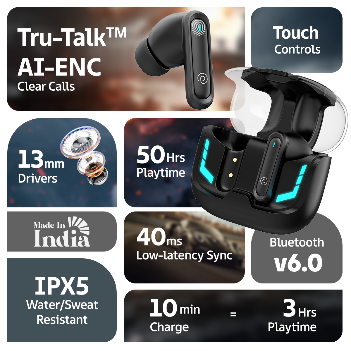 PTron Bassbuds Turbo In Ear TWS Earbuds W 40ms Low Latency 50Hrs Pla ptron-bassbuds-turbo-in-ear-tws-earbuds-w-40ms-low-latency-50hrs-pla