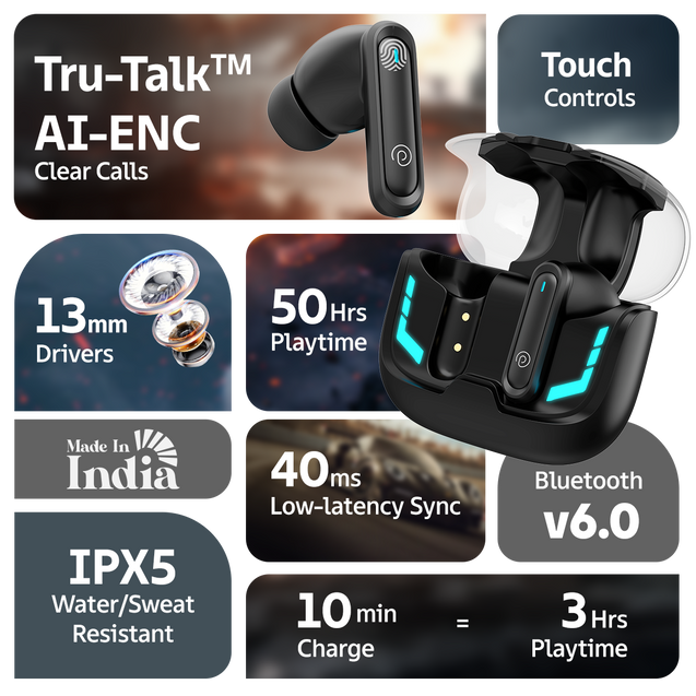 pTron Bassbuds Turbo in-Ear TWS Earbuds w/ 40ms Low-Latency, 50Hrs Playtime, Custom EQ, App Support, Dual Mic, TruTalk AI-ENC Calls, Immersive Sound, RGB Lights, Bluetooth V6.0, IPX5 (Raven Black)