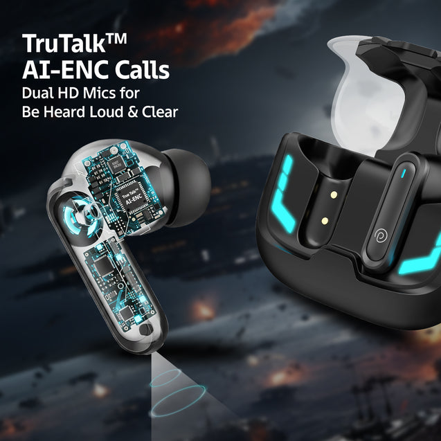pTron Bassbuds Turbo in-Ear TWS Earbuds w/ 40ms Low-Latency, 50Hrs Playtime, Custom EQ, App Support, Dual Mic, TruTalk AI-ENC Calls, Immersive Sound, RGB Lights, Bluetooth V6.0, IPX5 (Raven Black)