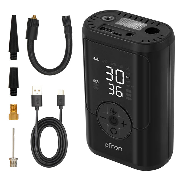 pTron AerFlo X1 w/Superfast 25LPM Tyre Inflation, 150 PSI Pressure, 5000mAh Battery, Cordless Tyre Inflator for Cars & Bikes, Preset Modes, LED Flashlight, Type C Charging & Multiple Nozzles (Black)