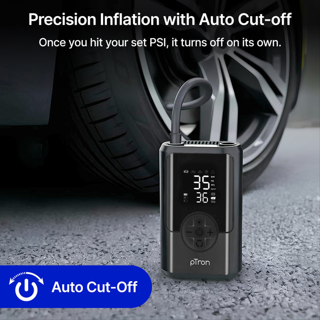 pTron AerFlo X1 w/Superfast 25LPM Tyre Inflation, 150 PSI Pressure, 5000mAh Battery, Cordless Tyre Inflator for Cars & Bikes, Preset Modes, LED Flashlight, Type C Charging & Multiple Nozzles (Black)