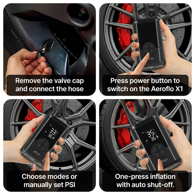 pTron AerFlo X1 w/Superfast 25LPM Tyre Inflation, 150 PSI Pressure, 5000mAh Battery, Cordless Tyre Inflator for Cars & Bikes, Preset Modes, LED Flashlight, Type C Charging & Multiple Nozzles (Black)