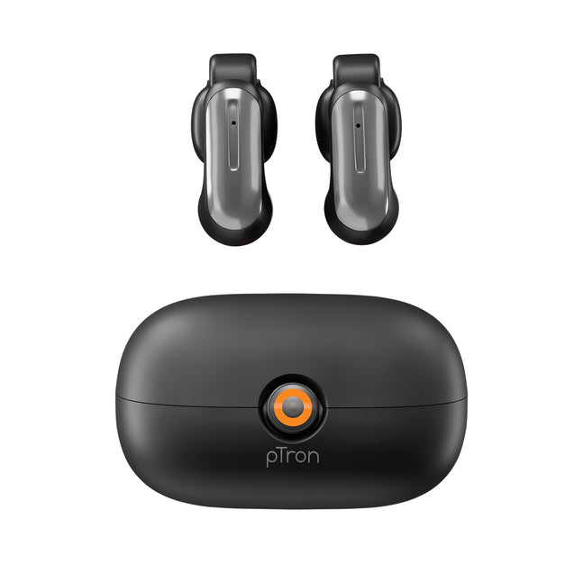 pTron Bassbuds Vortex Clips Wireless Open Ear Earbuds w/Chrome Finish, SafeBeats Tech, 50Hrs Playtime, Dual HD Mic w/AI-ENC, 10mm Driver, Pristine Sound, BTv5.4 Earclips, Type C Charging (Obsidian)
