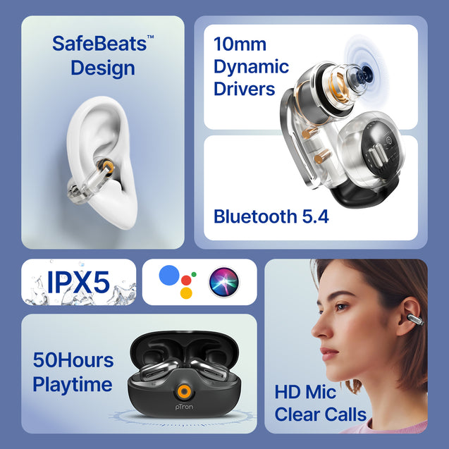 pTron Bassbuds Vortex Clips Wireless Open Ear Earbuds w/Chrome Finish, SafeBeats Tech, 50Hrs Playtime, Dual HD Mic w/AI-ENC, 10mm Driver, Pristine Sound, BTv5.4 Earclips, Type C Charging (Obsidian)