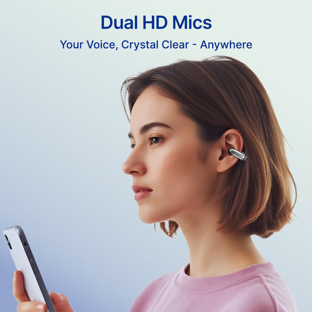 pTron Bassbuds Vortex Clips Wireless Open Ear Earbuds w/Chrome Finish, SafeBeats Tech, 50Hrs Playtime, Dual HD Mic w/AI-ENC, 10mm Driver, Pristine Sound, BTv5.4 Earclips, Type C Charging (Obsidian)