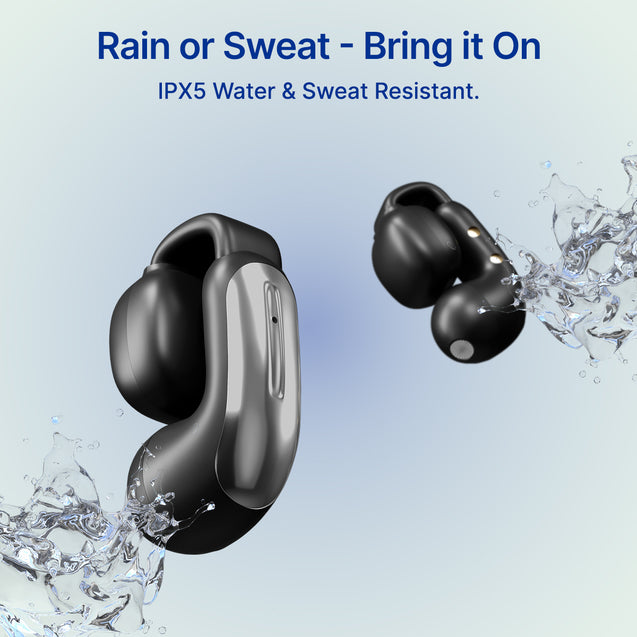 pTron Bassbuds Vortex Clips Wireless Open Ear Earbuds w/Chrome Finish, SafeBeats Tech, 50Hrs Playtime, Dual HD Mic w/AI-ENC, 10mm Driver, Pristine Sound, BTv5.4 Earclips, Type C Charging (Obsidian)