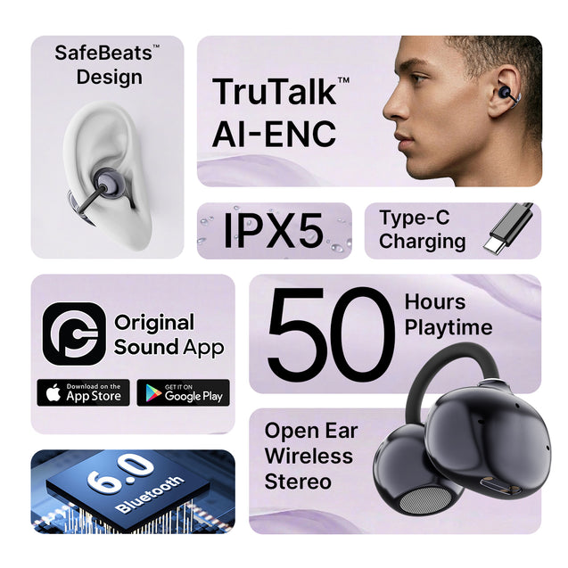 pTron Bassbuds Verse Clips Wireless Open Ear Earbuds w/SafeBeats Tech, 50Hrs Playtime, Dual HD Mics, TruTalk AI-ENC, Custom EQ, Mobile App, Pristine Sound, BTv6.0 Earclips, Type C Charging (Jet Black)