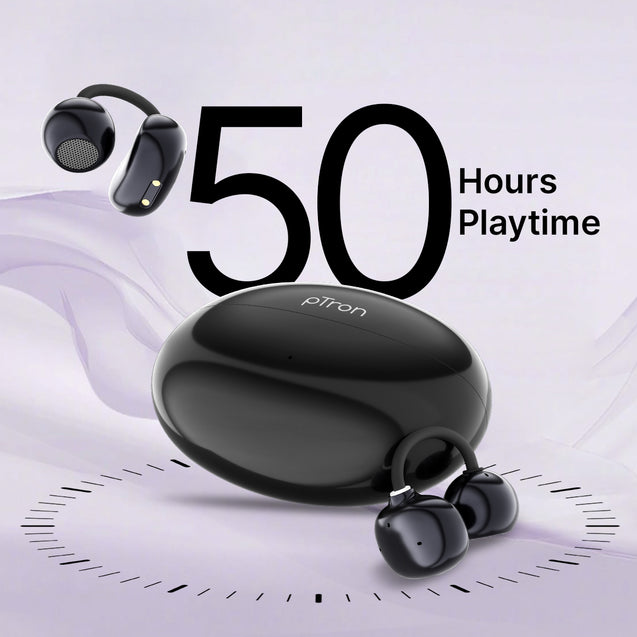 pTron Bassbuds Verse Clips Wireless Open Ear Earbuds w/SafeBeats Tech, 50Hrs Playtime, Dual HD Mics, TruTalk AI-ENC, Custom EQ, Mobile App, Pristine Sound, BTv6.0 Earclips, Type C Charging (Jet Black)