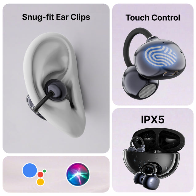 pTron Bassbuds Verse Clips Wireless Open Ear Earbuds w/SafeBeats Tech, 50Hrs Playtime, Dual HD Mics, TruTalk AI-ENC, Custom EQ, Mobile App, Pristine Sound, BTv6.0 Earclips, Type C Charging (Jet Black)