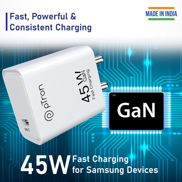 pTron Volta FC22 Compatible for Samsung 45W Charger, Type C Superfast GaN Charger for Samsung Galaxy S23/S23+/S22 Ultra/S22+/S22, Note 10/Note 20/S20/S21/S10/S9/S8, Galaxy Tab S7/S8 (Snow White)