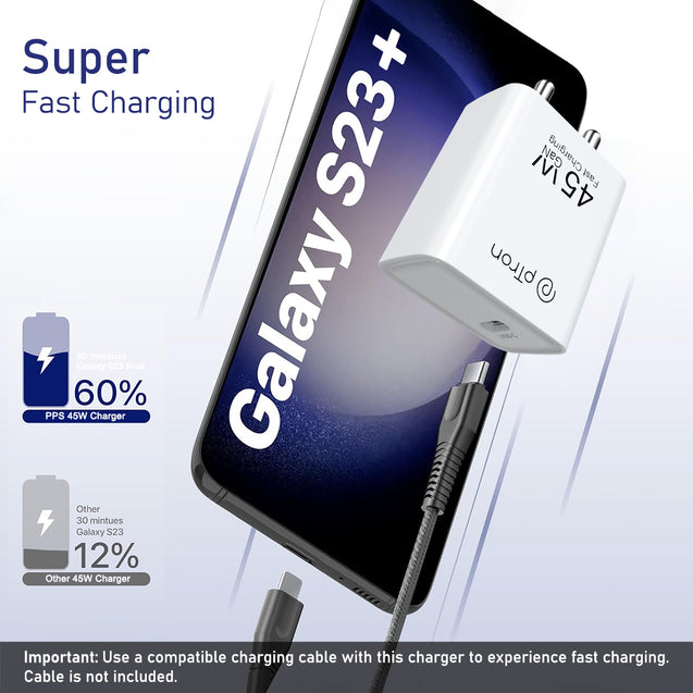 pTron Volta FC22 Compatible for Samsung 45W Charger, Type C Superfast GaN Charger for Samsung Galaxy S23/S23+/S22 Ultra/S22+/S22, Note 10/Note 20/S20/S21/S10/S9/S8, Galaxy Tab S7/S8 (Snow White)