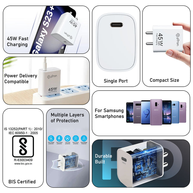 pTron Volta FC22 Compatible for Samsung 45W Charger, Type C Superfast GaN Charger for Samsung Galaxy S23/S23+/S22 Ultra/S22+/S22, Note 10/Note 20/S20/S21/S10/S9/S8, Galaxy Tab S7/S8 (Snow White)