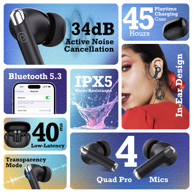 pTron Zenbuds Evo X5 34dB ANC TWS Ear Buds, Transparency Mode, 4 Mic ENC Calls, 45Hrs Playtime, Pristine Sound, 40ms Low-Latency, in-Ear BT5.3 Wireless Earphones, Type-C Charging & IPX5 (Jet Black)