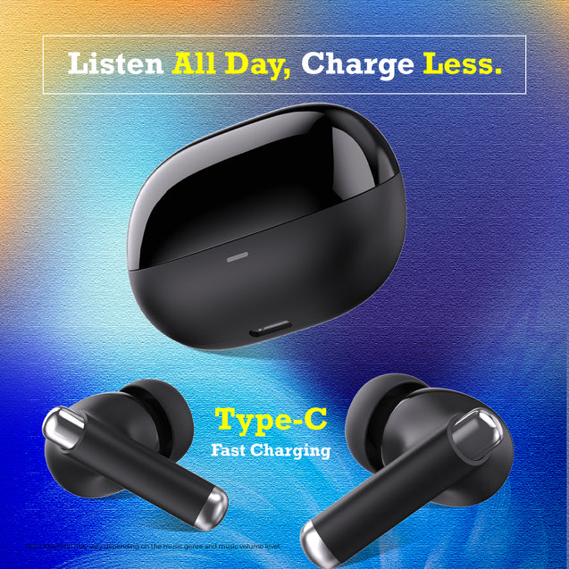 pTron Zenbuds Evo X5 34dB ANC TWS Ear Buds, Transparency Mode, 4 Mic ENC Calls, 45Hrs Playtime, Pristine Sound, 40ms Low-Latency, in-Ear BT5.3 Wireless Earphones, Type-C Charging & IPX5 (Jet Black)