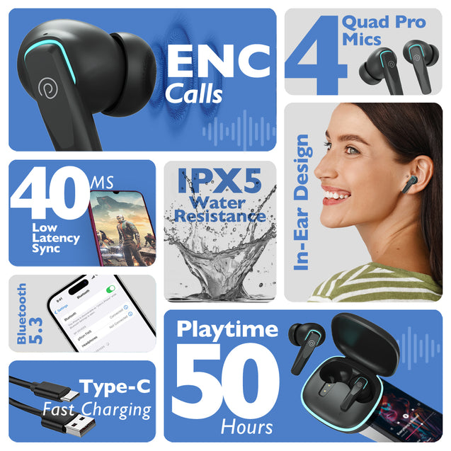 pTron Zenbuds Evo X2 in-Ear TWS Ear Buds w/ 4 Mic & TruTalk AI-ENC Calls, 50Hrs Playtime, 40ms Low Latency Sync, BT5.3 Wireless Earphones, Type-C Fast Charging & IPX5 Water Resistant (Coal Black)