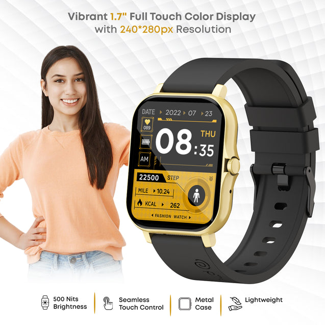 pTron Force X10 Bluetooth Calling Smartwatch w/ 1.7" Full Touch TFT Square Display, Real Heart Rate Monitor, SpO2, Watch Faces, 5 Days Runtime, Fitness Trackers & IP68 Waterproof (Jet Black & Gold)