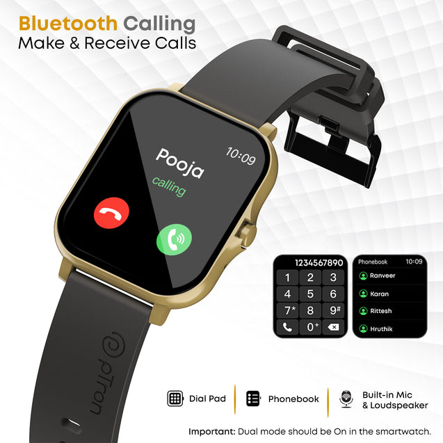 pTron Force X10 Bluetooth Calling Smartwatch w/ 1.7" Full Touch TFT Square Display, Real Heart Rate Monitor, SpO2, Watch Faces, 5 Days Runtime, Fitness Trackers & IP68 Waterproof (Jet Black & Gold)