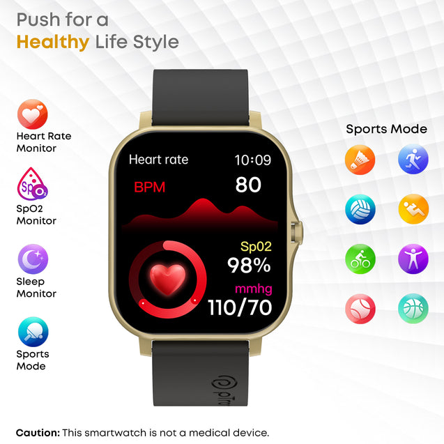 pTron Force X10 Bluetooth Calling Smartwatch w/ 1.7" Full Touch TFT Square Display, Real Heart Rate Monitor, SpO2, Watch Faces, 5 Days Runtime, Fitness Trackers & IP68 Waterproof (Jet Black & Gold)