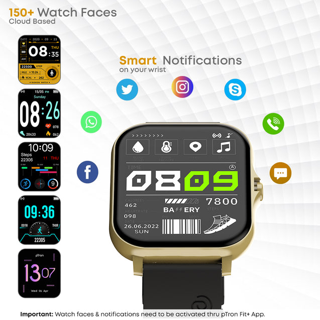 pTron Force X10 Bluetooth Calling Smartwatch w/ 1.7" Full Touch TFT Square Display, Real Heart Rate Monitor, SpO2, Watch Faces, 5 Days Runtime, Fitness Trackers & IP68 Waterproof (Jet Black & Gold)