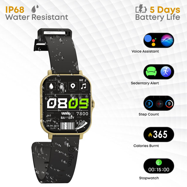 pTron Force X10 Bluetooth Calling Smartwatch w/ 1.7" Full Touch TFT Square Display, Real Heart Rate Monitor, SpO2, Watch Faces, 5 Days Runtime, Fitness Trackers & IP68 Waterproof (Jet Black & Gold)