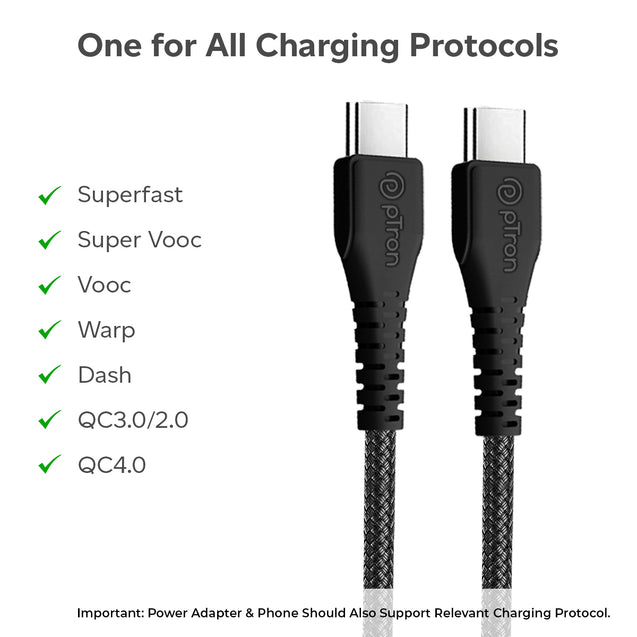 pTron Solero Braid 60W Type C Fast Charging Cable 1.5m for Samsung, OnePlus, Oppo, Vivo, Xiaomi, Realme, IQOO & Other Devices - Unbreakable Nylon Braided Cable, 480Mbps Sync Speed (Jet Black)