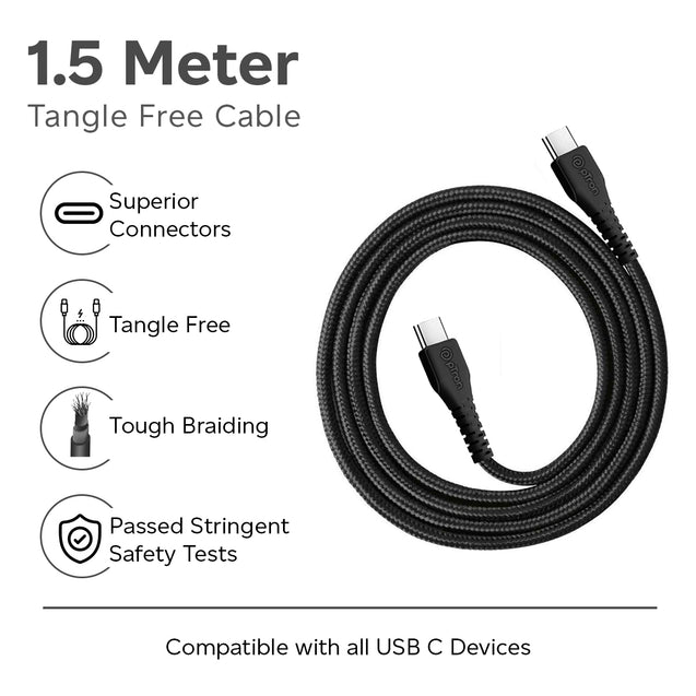 pTron Solero Braid 60W Type C Fast Charging Cable 1.5m for Samsung, OnePlus, Oppo, Vivo, Xiaomi, Realme, IQOO & Other Devices - Unbreakable Nylon Braided Cable, 480Mbps Sync Speed (Jet Black)
