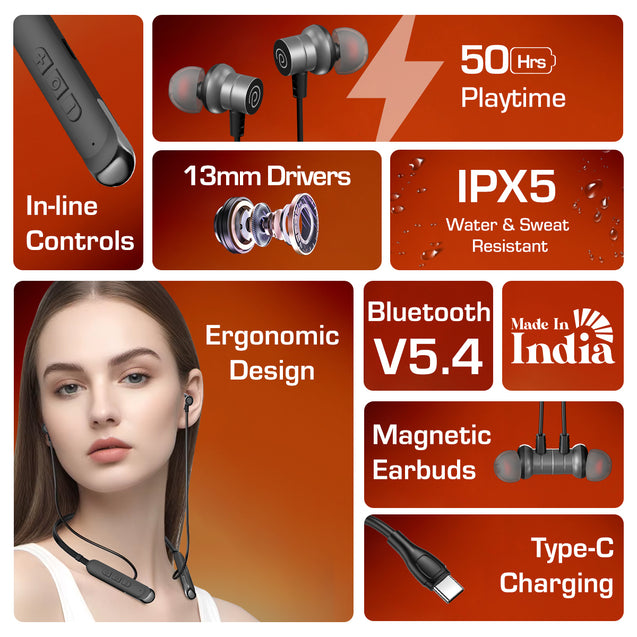 pTron Tangentbeat V2 w/ 50Hrs Playtime, 13mm Drivers, Dual-Device Pairing, Bluetooth 5.4 Wireless in-Ear Earphones w/Mic, Hall Switch Feature, Magnetic Earbuds, Type-C Fast Charging & IPX5 (Obsidian)