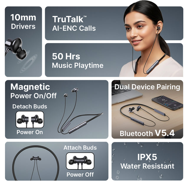 pTron Tangent Eon w/ 50Hrs Playtime, Immersive Sound, HD Mic & AI-ENC Clear Calls, Dual-Device Pairing, Magnetic On/Off Function, BT5.4 Wireless Neckband, Voice Asst., Type-C Charging & IPX5 (Obsidian)